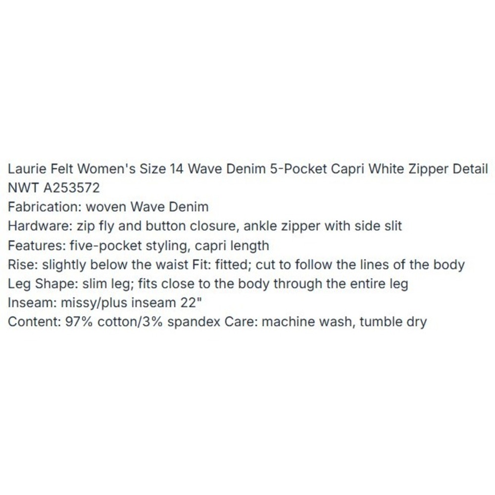 Laurie Felt Womens Wave Denim 5-Pocket Capri White Zipper Detail NWT Size 14 - Picture 3 of 3